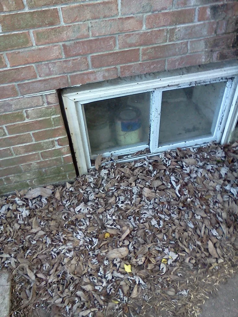 Small basement window in a brick foundation wall with leaf debris outside