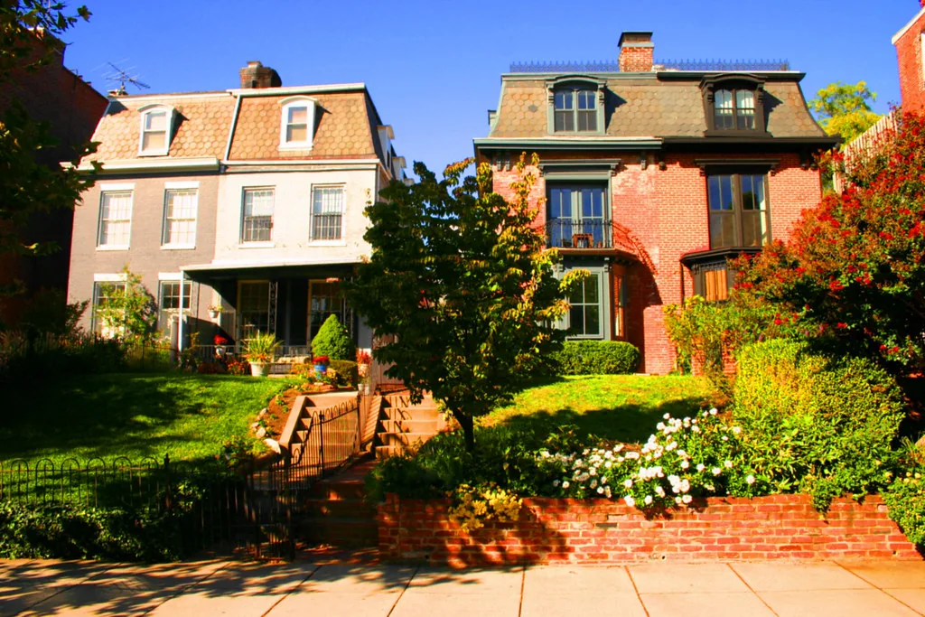 Brick residential homes along a street