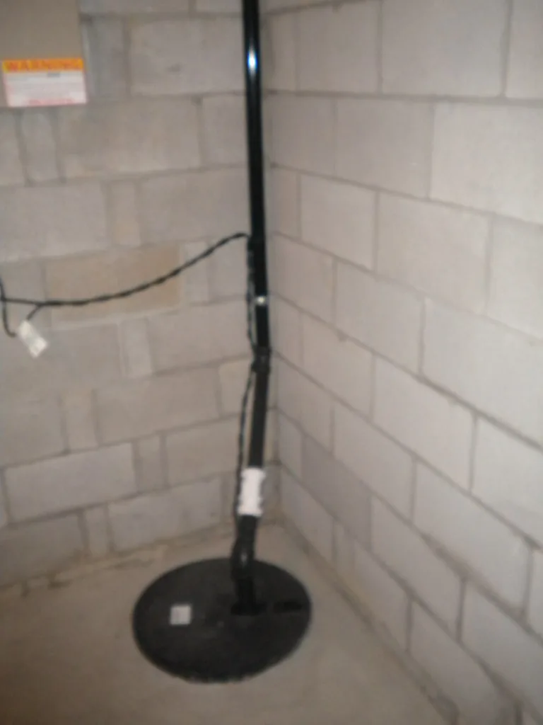 Pedestal sump pump in a cinderblock basement corner