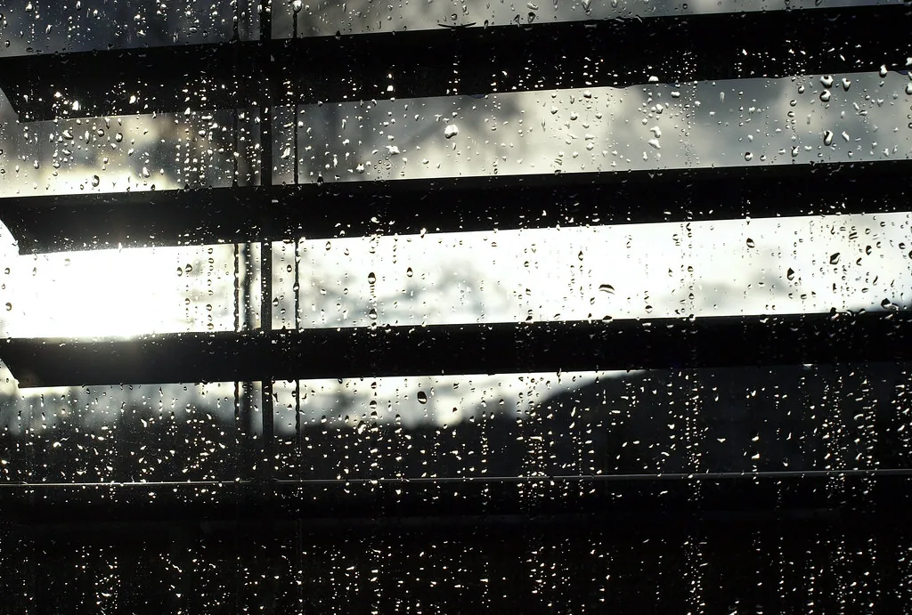 Rain streaking down a window behind blinds