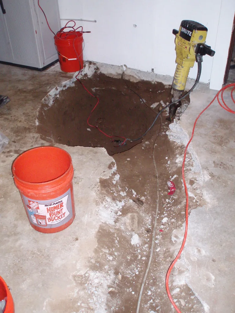Concrete floor broken open for sump pit installation, with buckets nearby