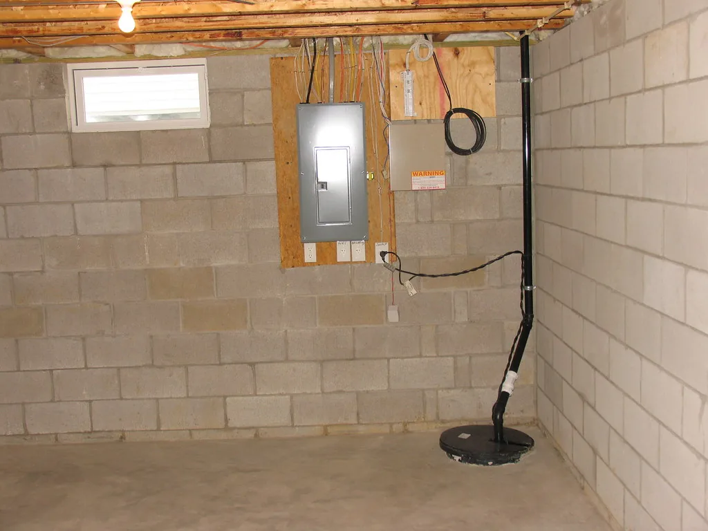 Sump pump installed in a basement corner with discharge pipe