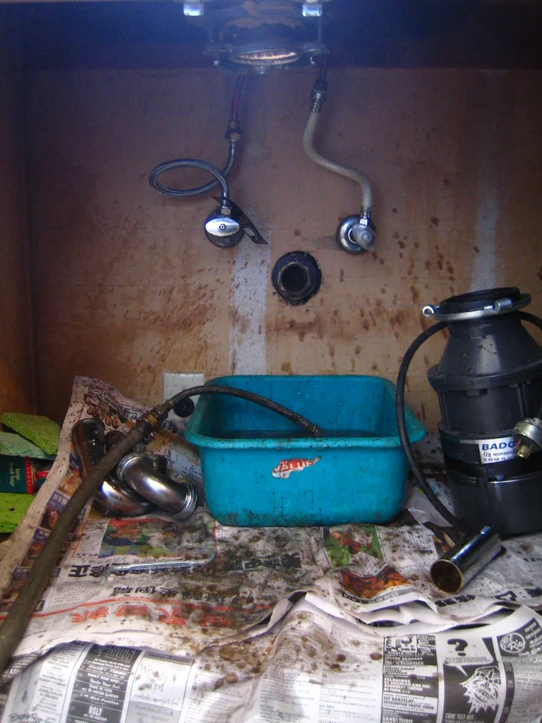 Exposed plumbing pipes and fittings under a sink