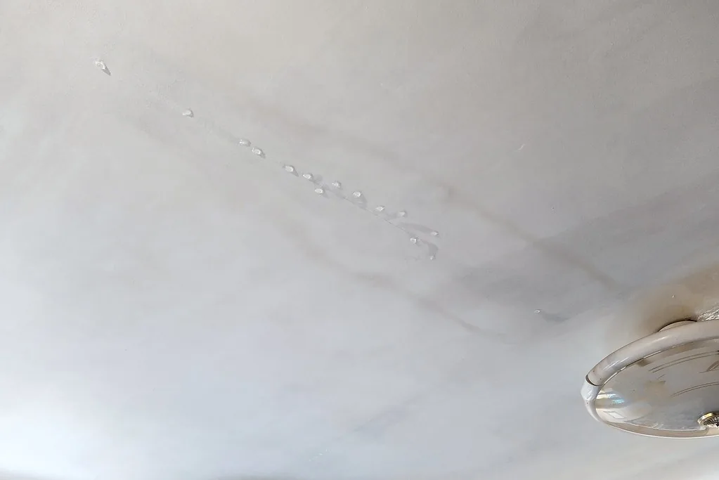 Water-stained ceiling around a light fixture